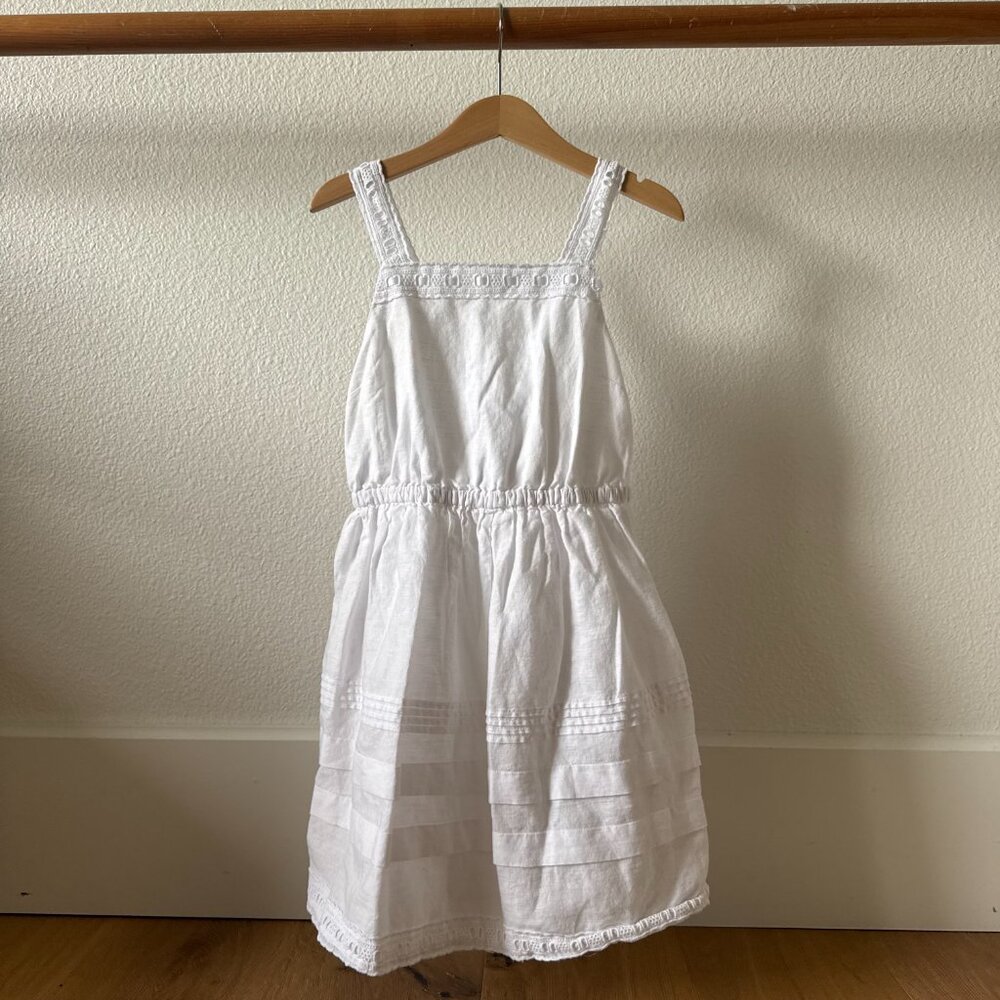 Crewcuts White Apron Linen Cotton Blend Dress Size 7 Lace detail EUC J Crew